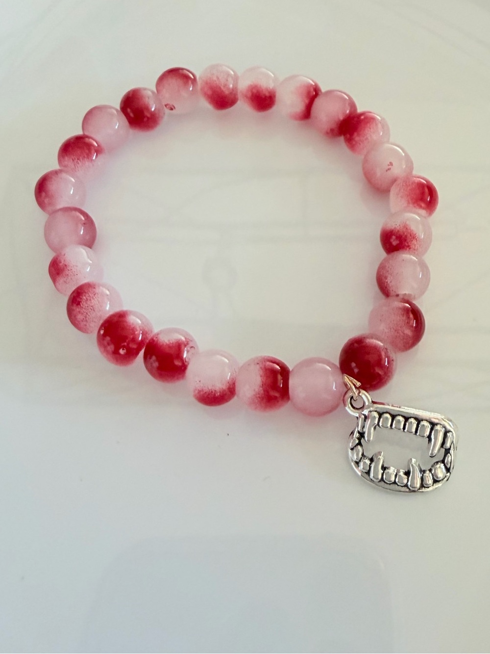 Red Gradient Beaded Bracelet with Silver Vampire Fangs Charm Handmade Jewelry